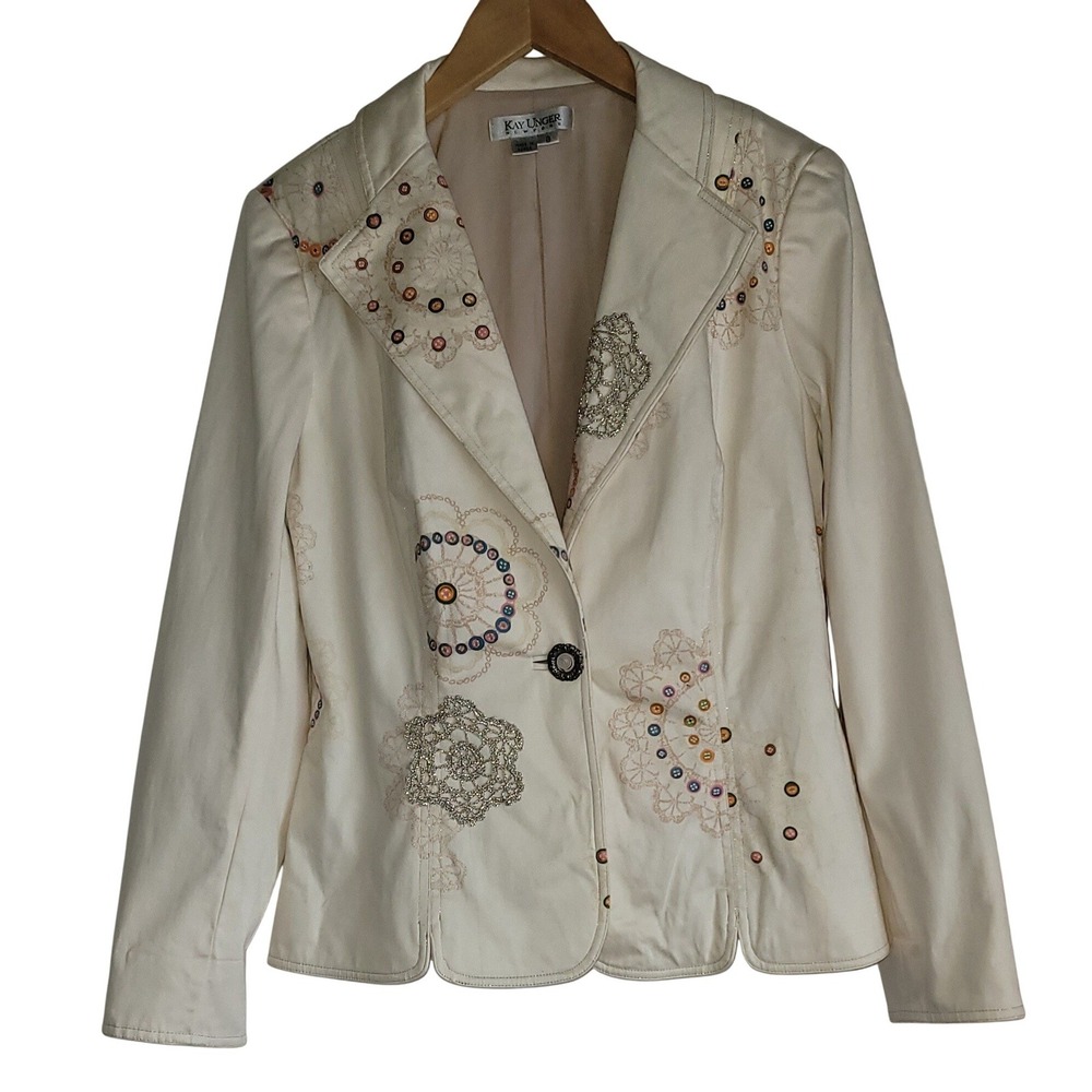 Kay‎ Unger New York Blazer Size 8 Ivory Embroidered Button Embellished Jacket